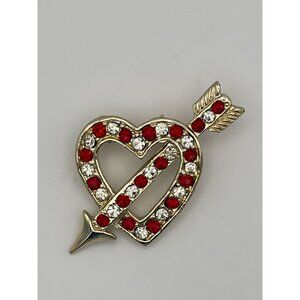 Gold Tone Red Clear Rhinestones Heart Arrow 2" Brooch